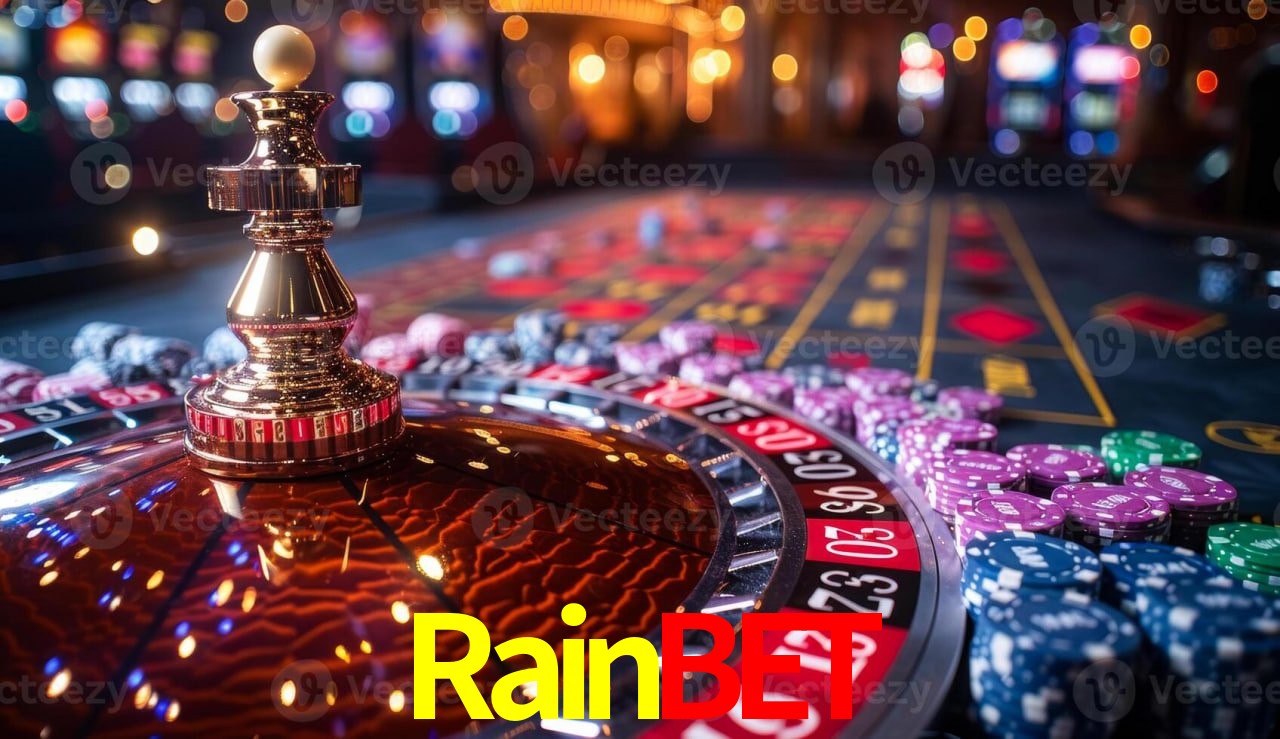 Una escena digital vívida inspirada en casino con Rainbet mostrado prominentemente, luces brillantes, fichas, cartas y acentos dorados.