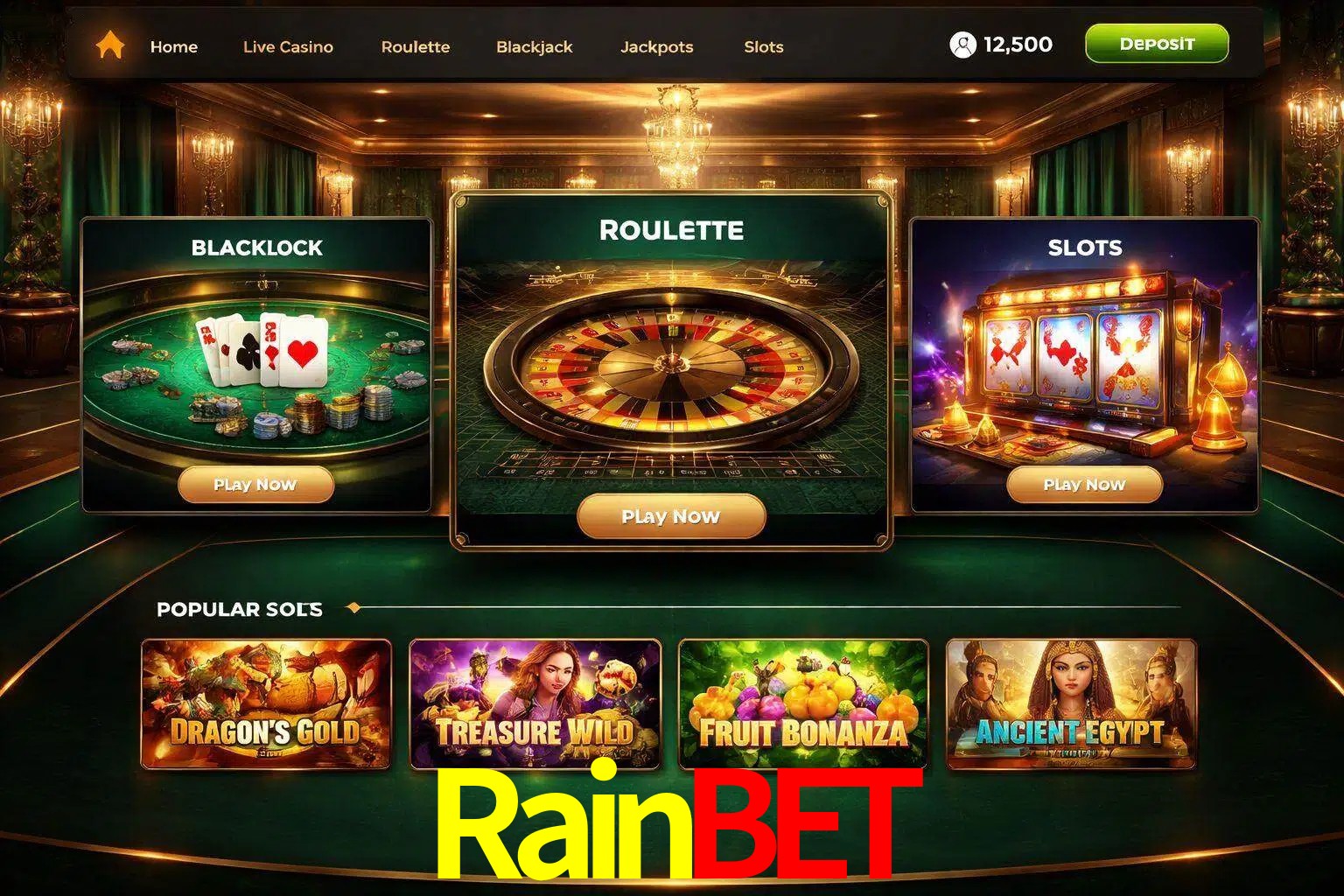 Vista de la plataforma Rainbet Casino mostrando categorías organizadas de juegos en línea