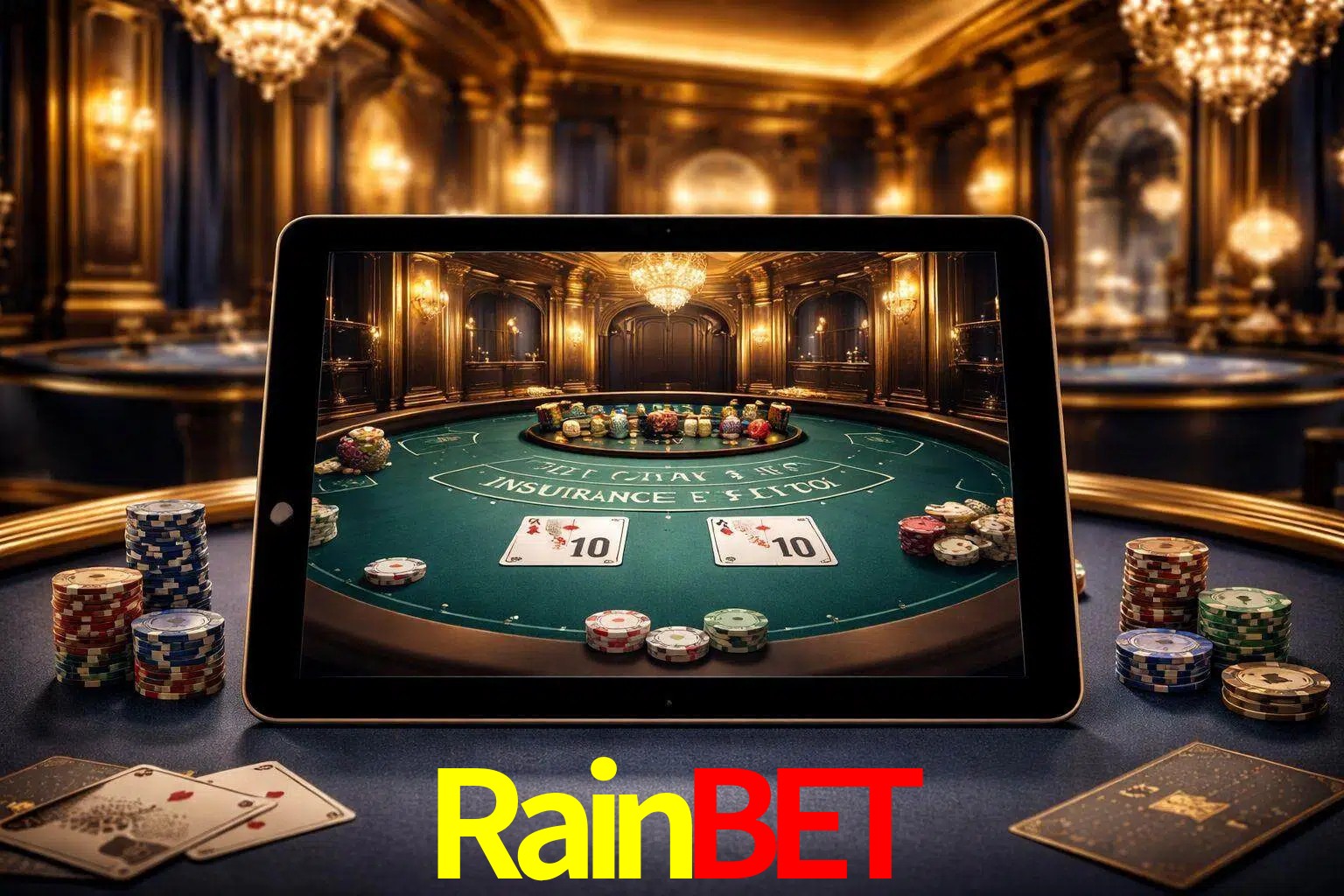 Configuración moderna de casino en vivo con una tableta mostrando una mesa de blackjack, luces cálidas de estudio y una atmósfera elegante de juegos digitales.
