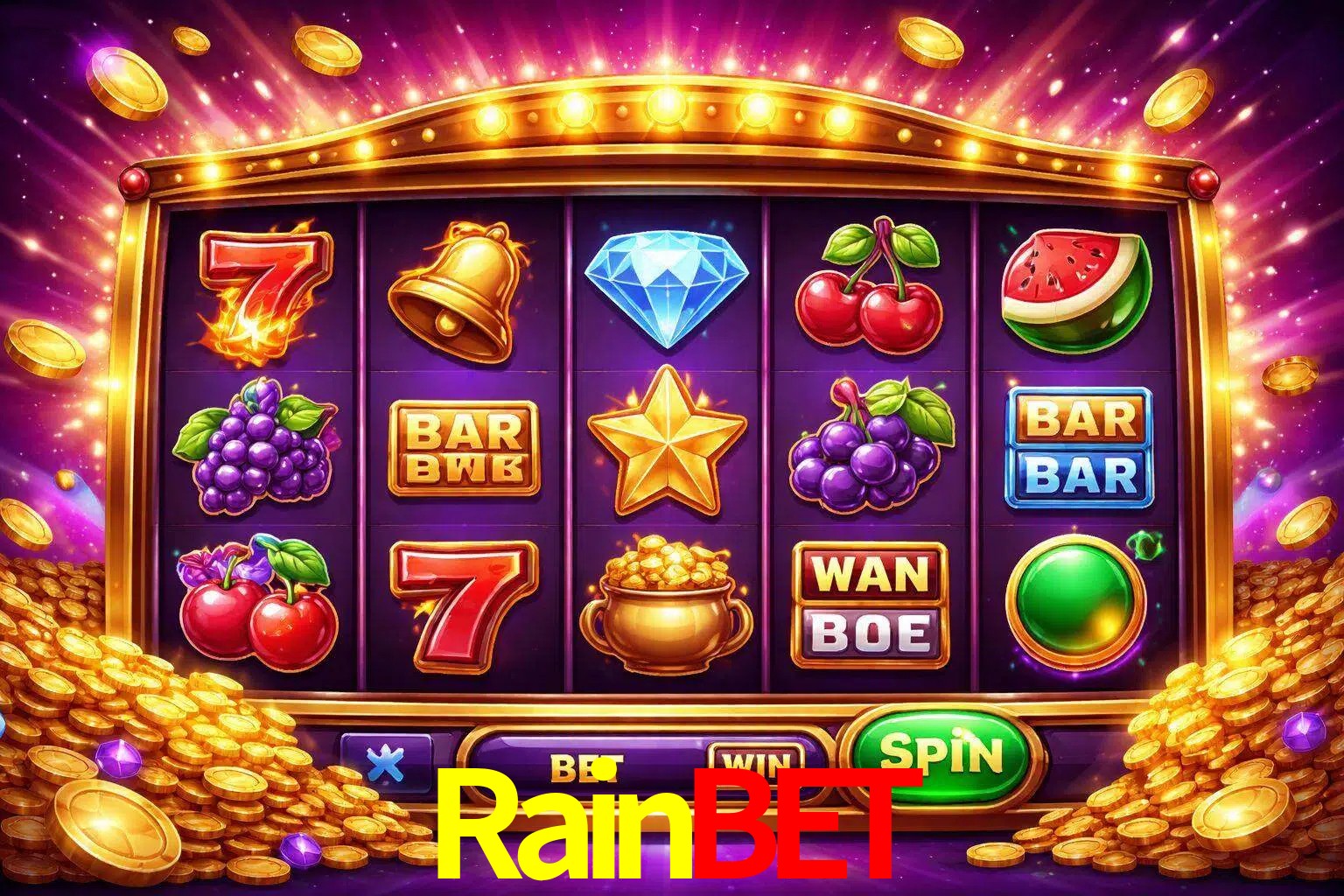 Una interfaz colorida de tragamonedas en línea con símbolos brillantes, monedas y un efecto de victoria celebratoria en Rainbet.