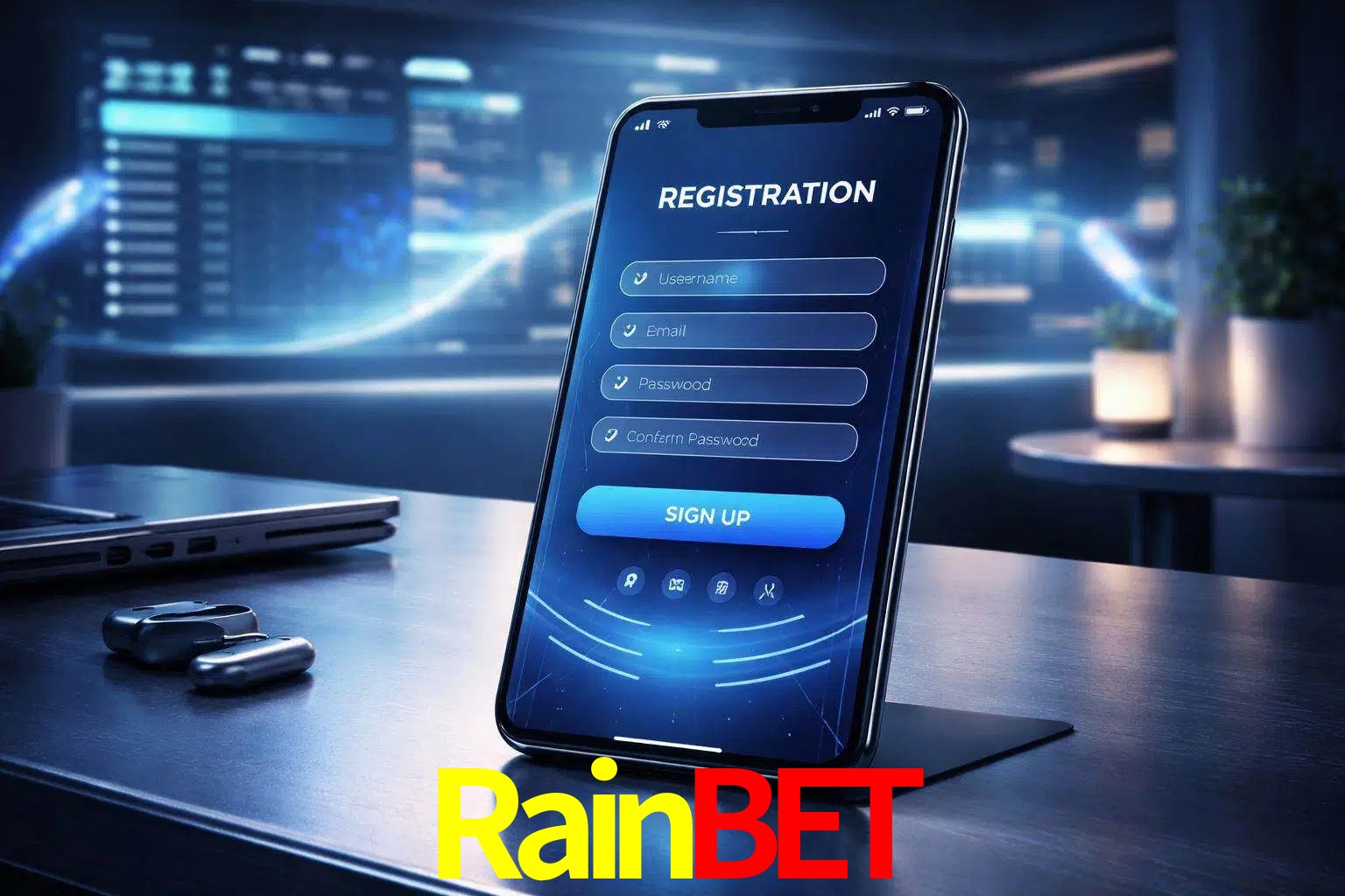 Una interfaz moderna de registro móvil para Rainbet mostrada en un smartphone con un panel de apuestas elegante.
